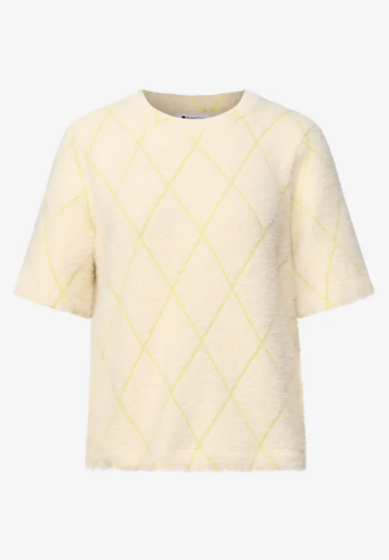 Beiges T-Shirt mit kurzen Ärmeln und gelbem Rautenmuster