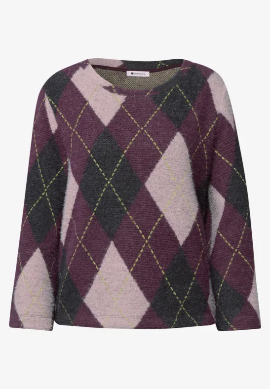 Locker geschnittener Strickpullover mit Argyle-Rautenmuster in Dunkellila, Pastellrosa und grünen Linien.