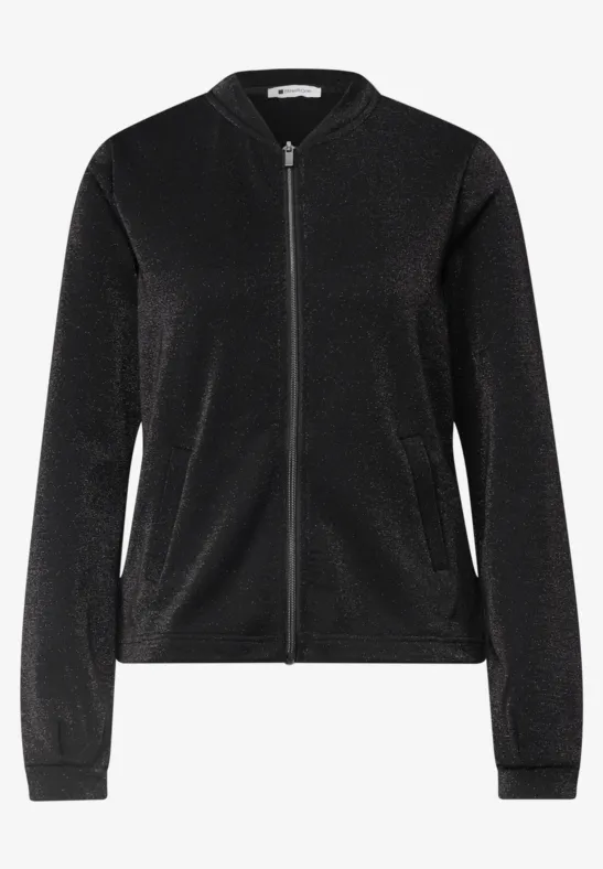 Schwarze Damen-Bomberjacke mit Reißverschluss und seitlichen Eingrifftaschen.