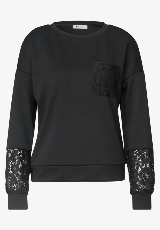 Schwarzer Pullover mit Rundhalsausschnitt, Spitze an Tasche und Ärmeln