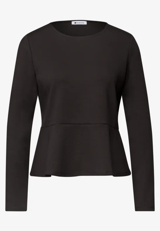 Schwarzes Langarmshirt mit Rundhalsausschnitt und tailliertem, ausgestelltem Saum