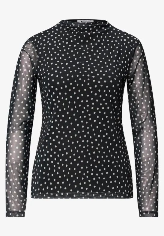 Schwarzes, langärmliges Mesh-Oberteil mit weißen Polka-Dots und Rundhalsausschnitt.