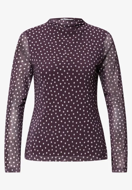 Dunkelviolettes Damen-Longsleeve mit weißen Polka Dots und transparenten Ärmeln