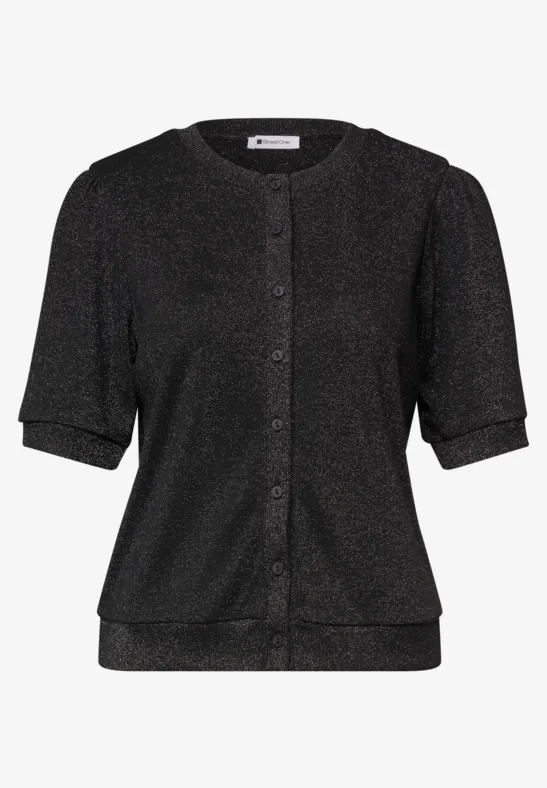 Schwarze, funkelnde Kurzarm-Strickjacke mit Rundhalsausschnitt und Knopfleiste.