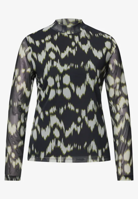 Eleganter schwarzer Langarmshirt mit abstraktem cremefarbenem Muster.