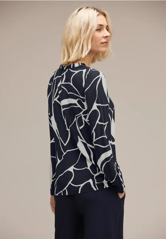 Chemisier Femme Street One – Imprimé Graphique, Volants Au Col, Manches 3/4 – 100% Coton