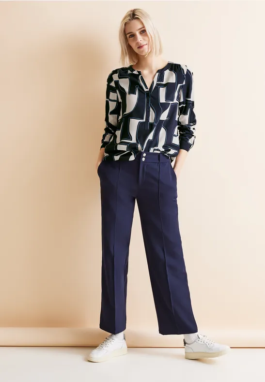 Chemisier Femme Street One à Boutons - Manches Longues, Col Bateau, Viscose Douce Et Motif Graphique
