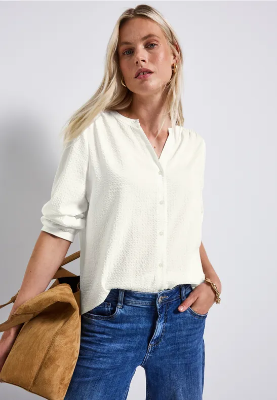 Split Neck Seersucker Bluse off white