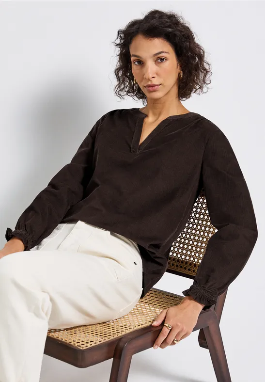 Cordbluse mit Rüschendetails deep roast brown
