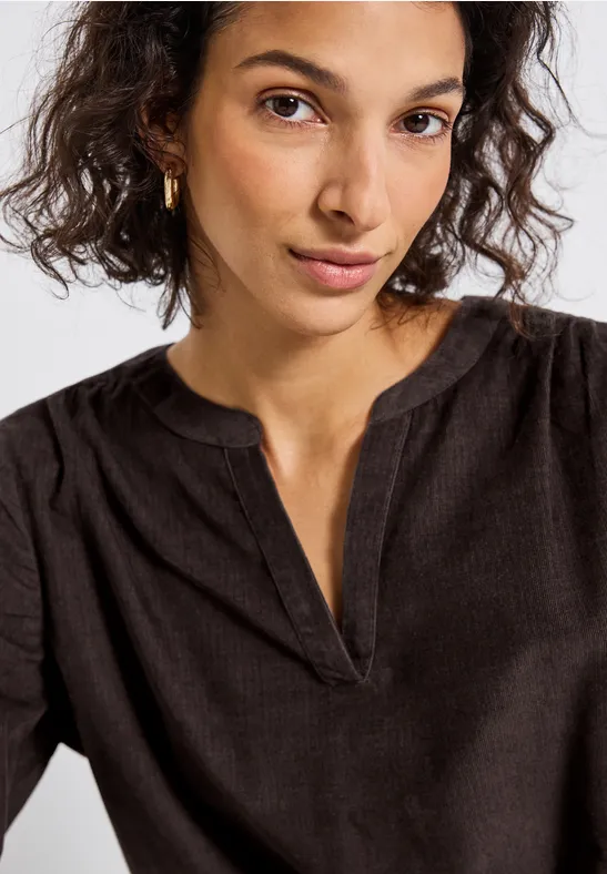 Cordbluse mit Rüschendetails deep roast brown