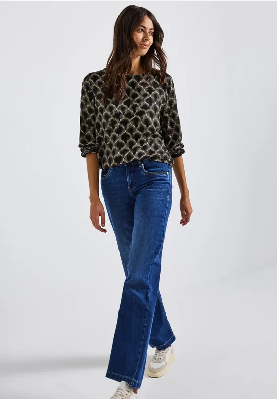 Print-Bluse mit Elastiksaum sanded beige