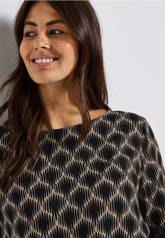 Print-Bluse mit Elastiksaum sanded beige