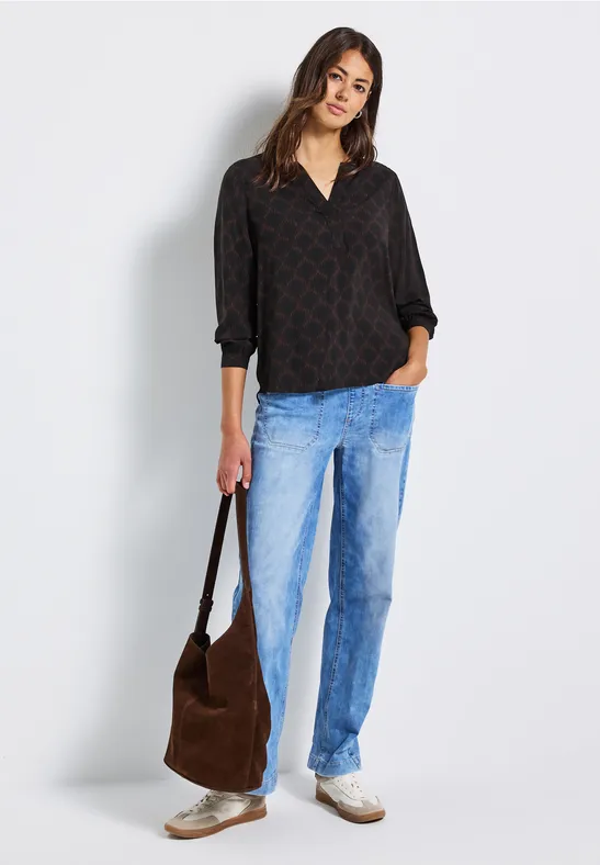 Split Neck Print-Tunika Black