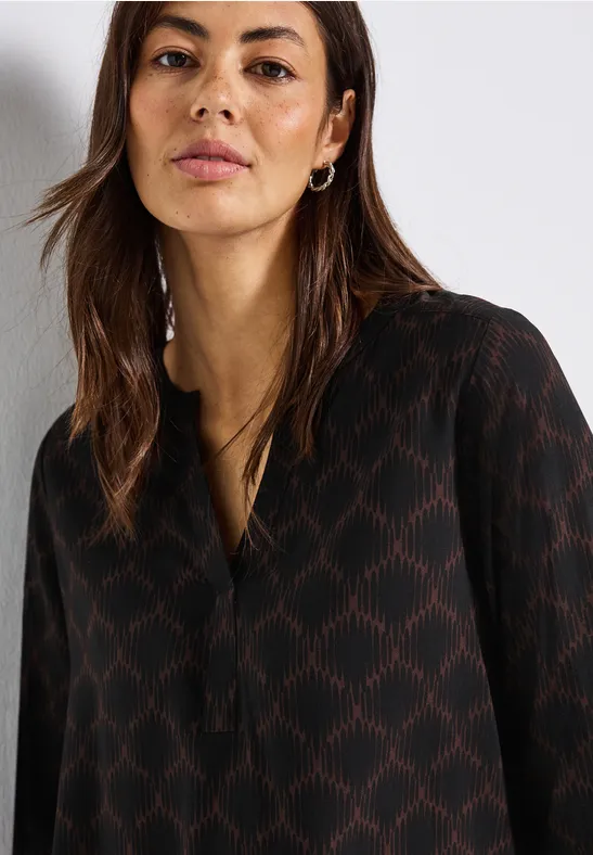 Split Neck Print-Tunika Black