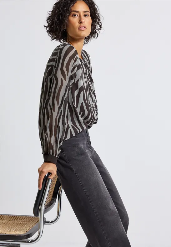 Chiffon blouse met zebraprint deep roast brown