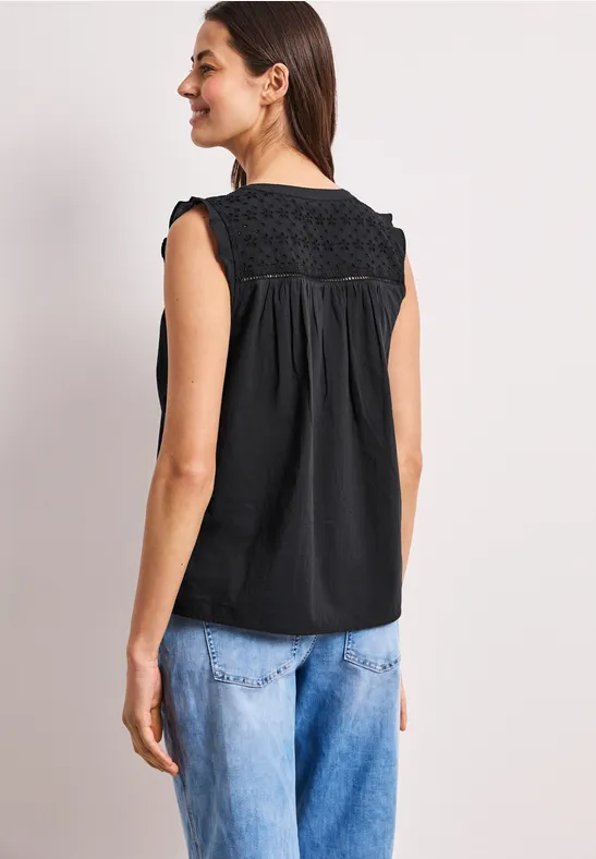 Blousetop met gespleten hals en shiffley-details Black