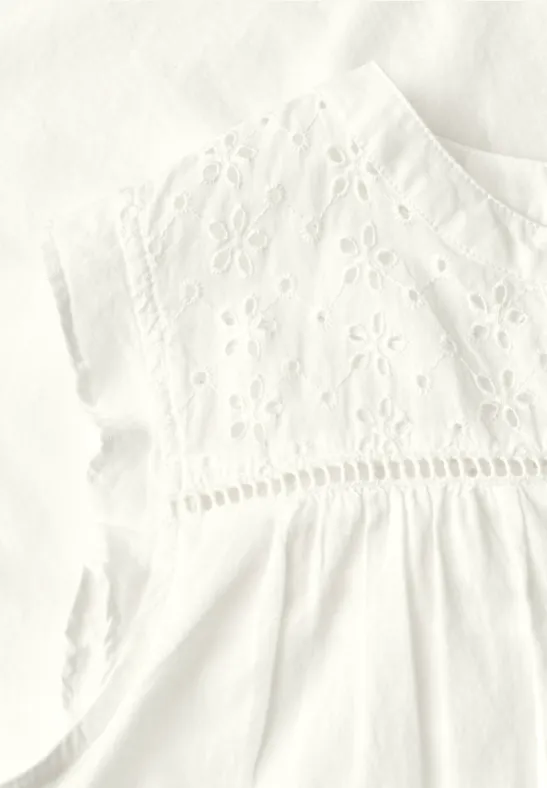 Blousetop met gespleten hals en shiffley-details off white
