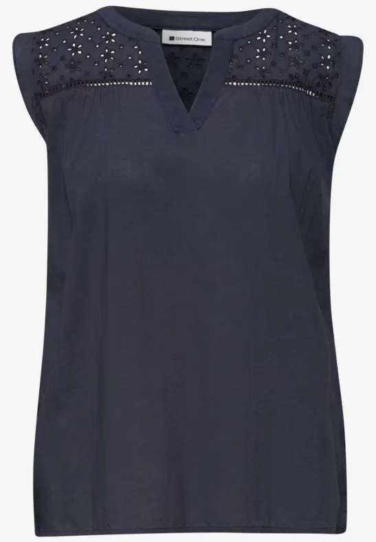Blusentop mit Split Neck und Shiffleydetails tempest blue