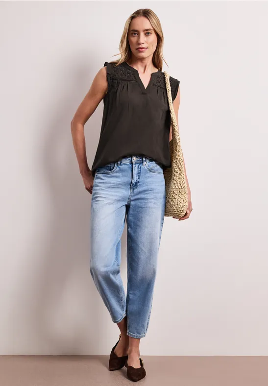 Blusentop mit Split Neck und Shiffleydetails espresso brown