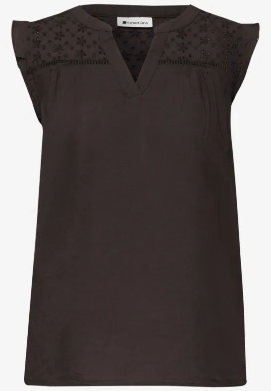 Blusentop mit Split Neck und Shiffleydetails espresso brown