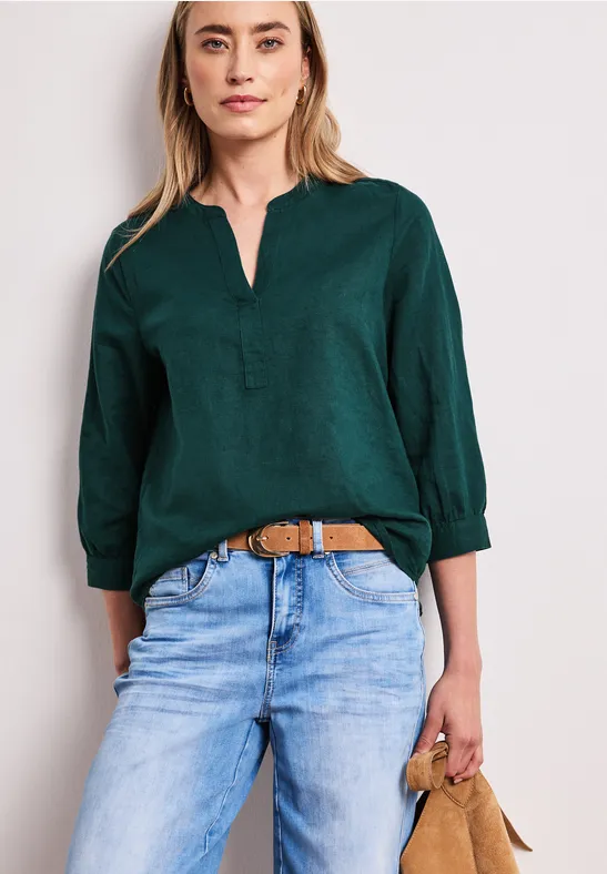 Bluse mit Split Neck aus Leinenmix dark garden green