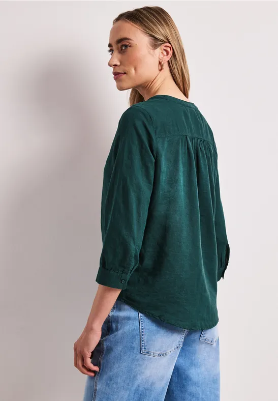 Bluse mit Split Neck aus Leinenmix dark garden green