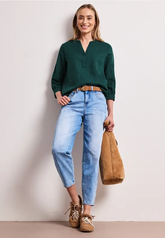 Bluse mit Split Neck aus Leinenmix dark garden green