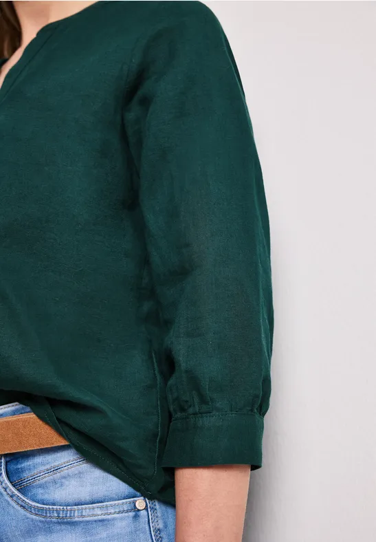 Bluse mit Split Neck aus Leinenmix dark garden green