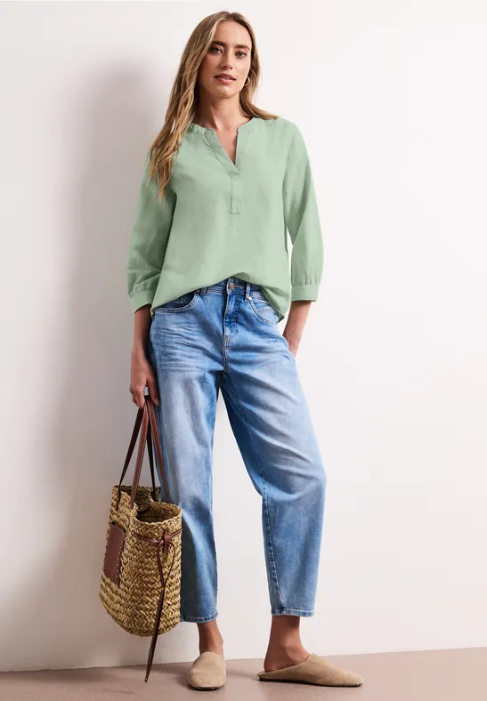 Blouse met gespleten hals van linnenmix soft jade green