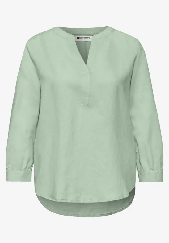 Blouse met gespleten hals van linnenmix soft jade green