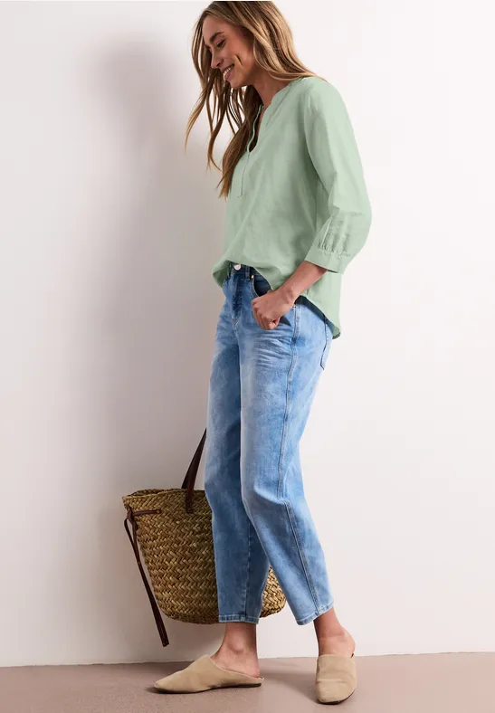 Blouse met gespleten hals van linnenmix soft jade green