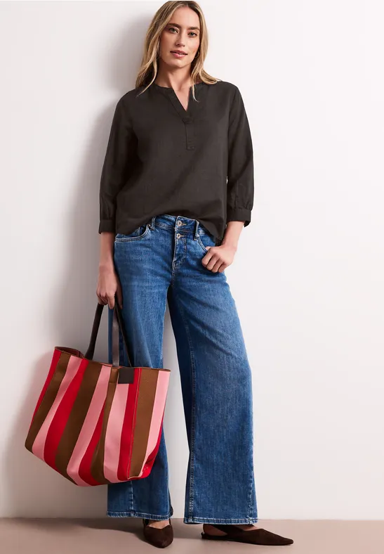 Bluse mit Split Neck aus Leinenmix espresso brown