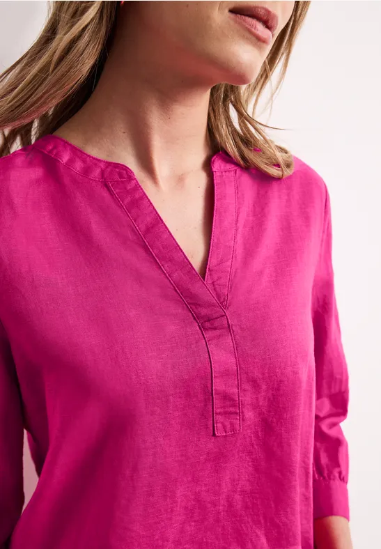 Bluse mit Split Neck aus Leinenmix magenta dream