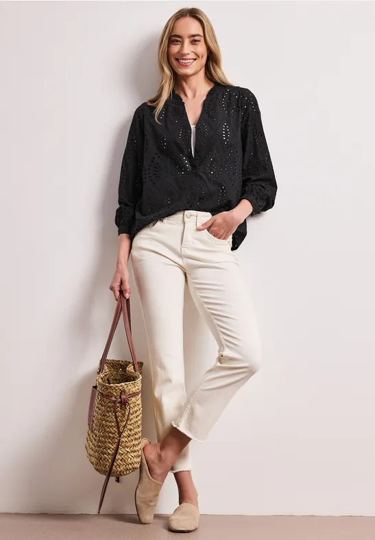 Blouse met gespleten hals en Shiffley-patroon Black