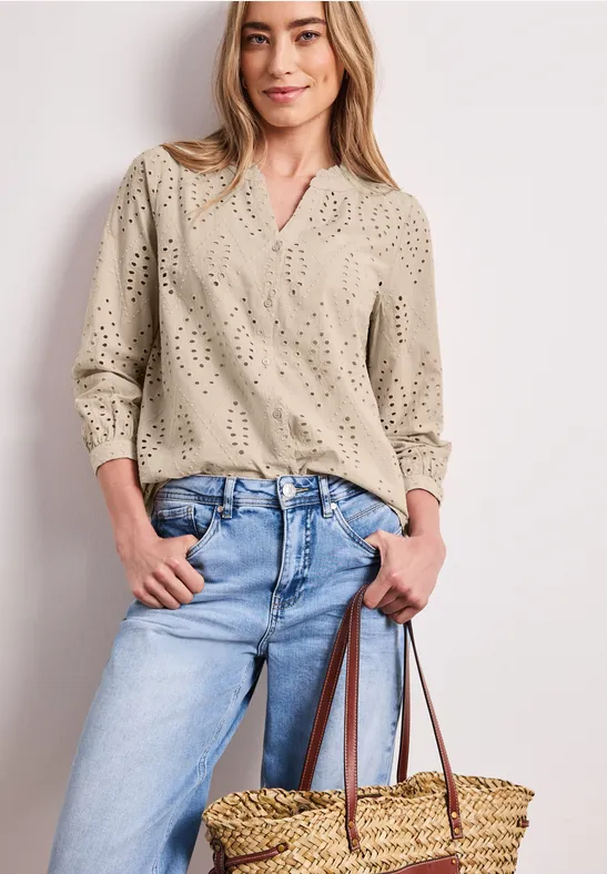 Blouse met gespleten hals en Shiffley-patroon clay sand