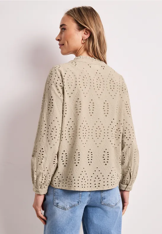 Blouse met gespleten hals en Shiffley-patroon clay sand