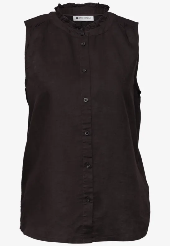 Schwarzes ärmelloses Leinen-Top mit Rüschenkragen und Knopfleiste