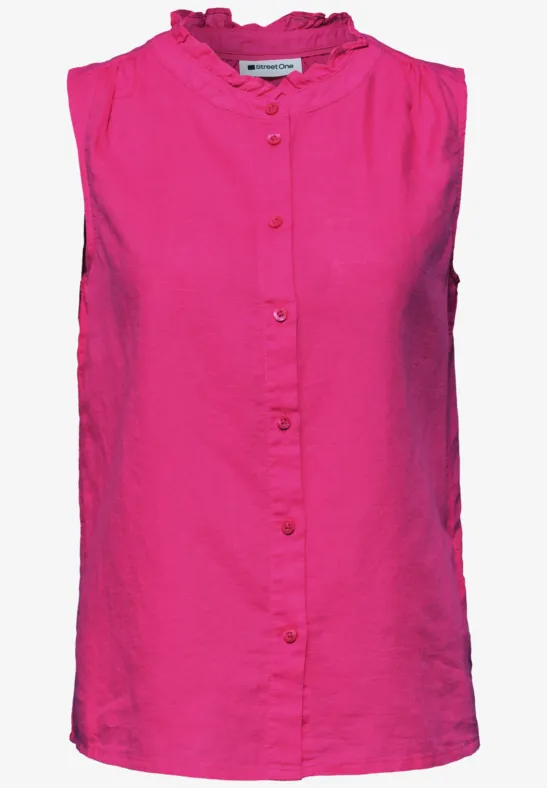 Ärmellose pinke Bluse mit durchgehender Knopfleiste und leicht gerafftem Stehkragen.
