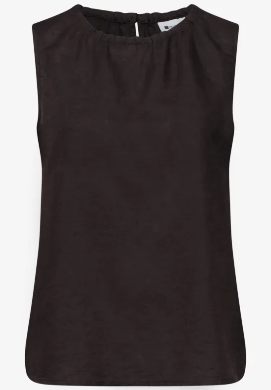 Ärmelloses, schlichtes schwarzes Damenoberteil mit Rundhalsausschnitt aus leichtem Stoff.