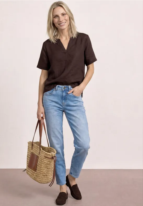 Blouse met gespleten hals van linnenmix espresso brown