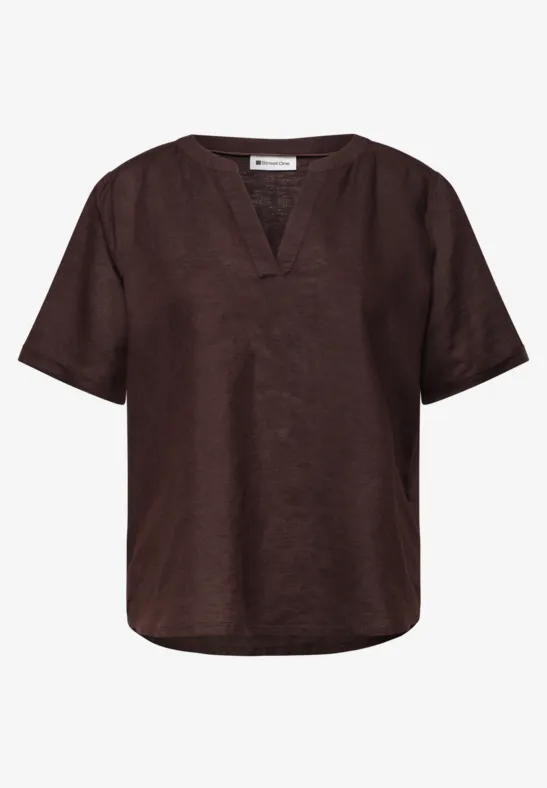 Blouse met gespleten hals van linnenmix espresso brown