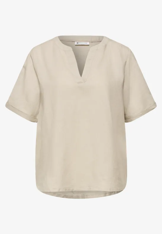 Blouse met gespleten hals van linnenmix timeless beige