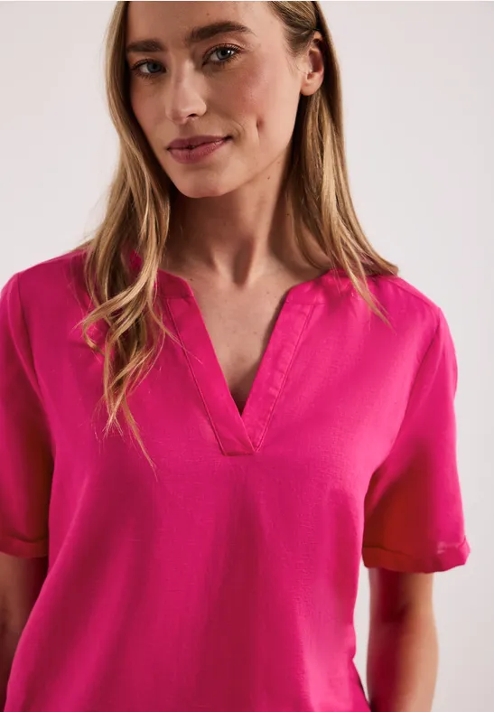 Bluse mit Split Neck aus Leinenmix magenta dream
