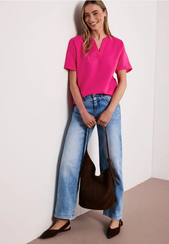 Bluse mit Split Neck aus Leinenmix magenta dream