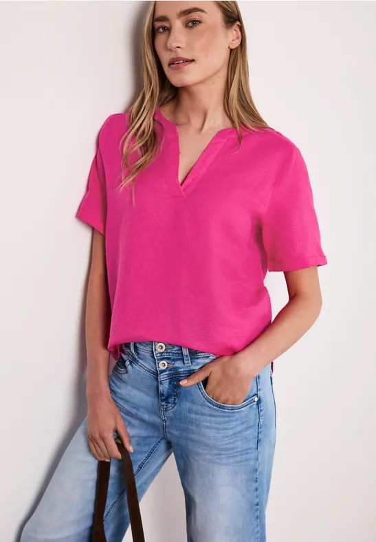 Bluse mit Split Neck aus Leinenmix magenta dream