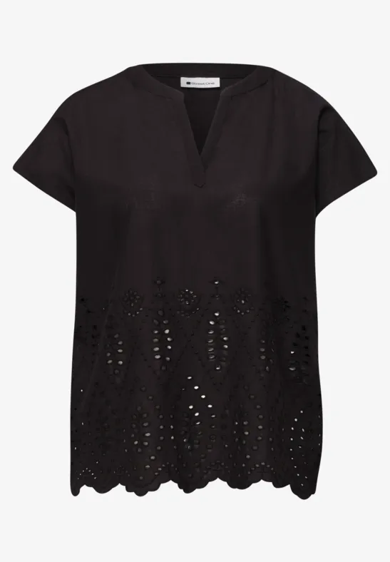 Losvallende zwarte blouse met korte mouwen, V-hals, geborduurd ajour en golvende zoom.