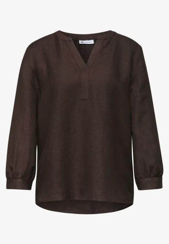 Dunkelbraune, langärmlige, locker sitzende Bluse mit V-Ausschnitt.