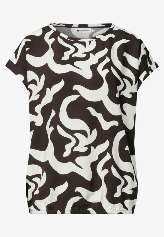 Zwart T-shirt met wit, abstract golvend patroon