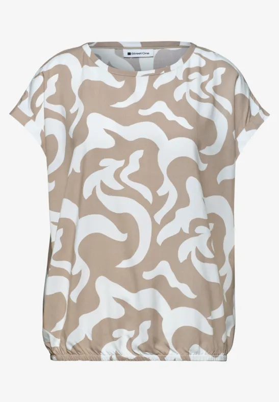 Beige-weißes kurzärmeliges Damen-Top mit abstraktem Muster und elastischem Saum.