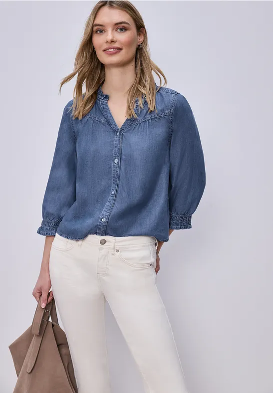 Kurzarm Bluse mit Rüschendetails soft mid blue washed